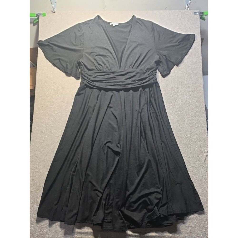 Baltic Born Mimi Midi Dress Black V-Neck Flutter Sleeve Wide Ruched Waist